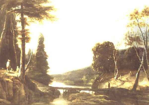 A rocky wooded river landscape with peasants on a path and herdsmen by a footbridge - view 1