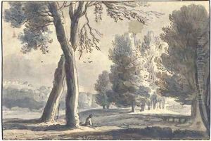 An extensive wooded landscape, a figure seated under a tree in the foreground by Roelandt Roghman