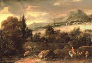 An extensive mountainous landscape with travellers on a path and a shepherd resting by a river with cattle watering