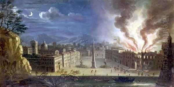 A piazza in an Italianate seaport with a building ablaze by night - view 1