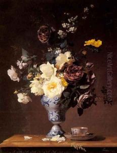 Roses and other Flowers in a blue and white Vase and a aTeacup on a Ledge