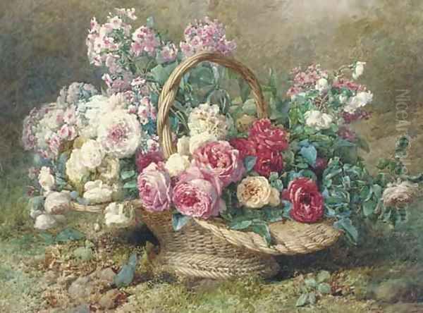 A basket of roses and hydrangeas on a mossy bank - view 1