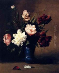 Peonies In A Blue Vase by Germain Theodure Clement Ribot