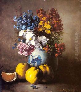 A Still Life with a Vase of Flowers and Fruit by Germain Theodure Clement Ribot