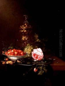 Still Life with a Bowl of Strawberries and a Rose, 1652 by Pieter de Ring