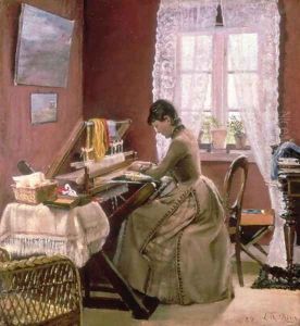 Johanne Wilde, the artists wife, at her loom