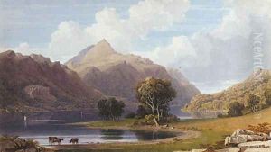 Cattle watering Llyn Celyn, North Wales by George Fennel Robson