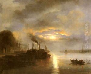Vessels before a Harbour town by Moonlight, possibly Rotterdam by Nicolaas Johannes Roosenboom
