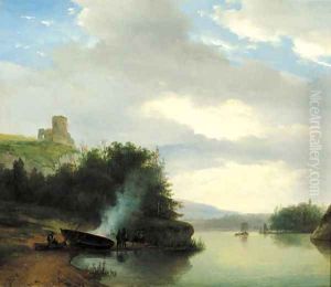 A hilly river landscape with figures along the water making a fire by Nicolaas Johannes Roosenboom