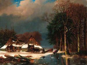 A winter landscape with loggers