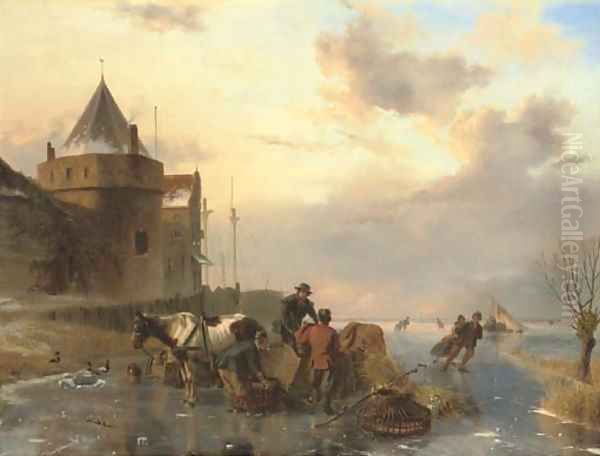 Unloading the horsedrawn sledge on the ice - view 1