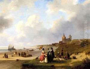 Een strandgezicht bij Scheveningen elegant figures on the beach on a summer day by Nicolaas Johannes Roosenboom