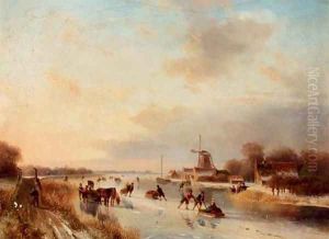 Numerous skaters on a frozen waterway