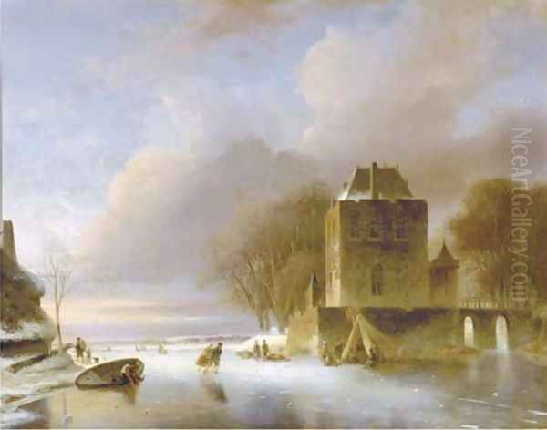 Skaters on a frozen river with a koek en zopie by a mansion - view 1