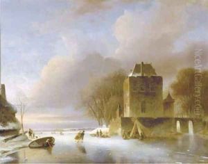 Skaters on a frozen river with a koek en zopie by a mansion