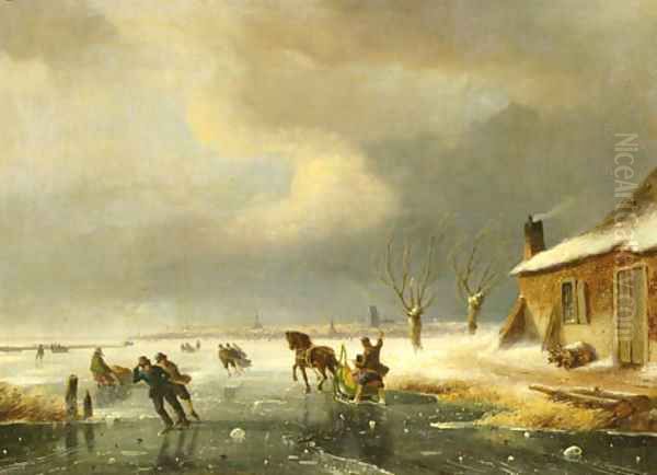Skaters on a frozen waterway, a town in the distance - view 1