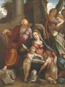The Holy Family with Saint John the Baptist and Angels making music by Hans Rottenhammer