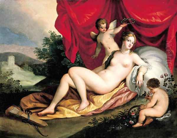 Venus reclining with two putti - view 1