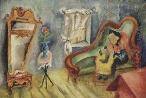 Interior with Woman Knitting by Issachar ber Ryback