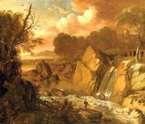 A traveler on a path by a waterfall in an Italianate landscape, a fortress beyond by George Richmond