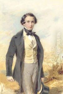 Portrait of Jack Donne, three-quarter length, in a black coat and yellow waistcoat by George Richmond