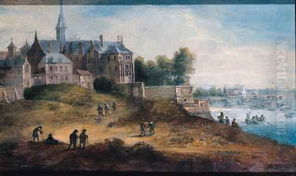 Riverlandscapes with castles, shipping and travellers - view 1