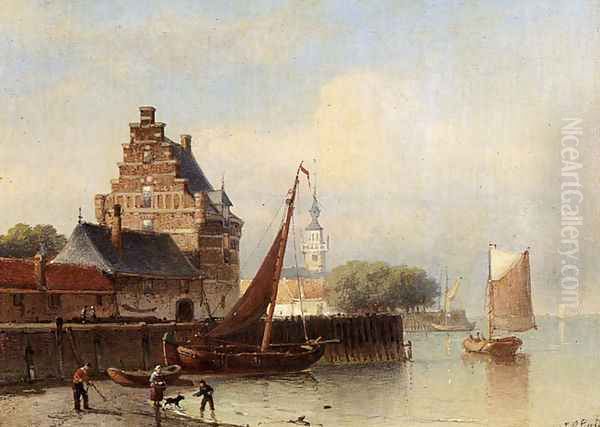 Fisherfolk On A Riverbank By A Town - view 1