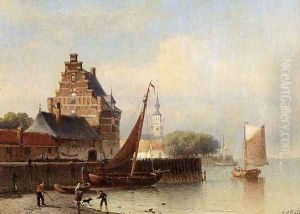 Fisherfolk On A Riverbank By A Town by Johann Adolphe Rust