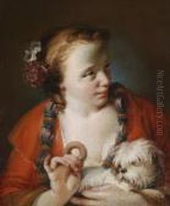 A Young Woman Offering A Biscuit To A Smalldog by Giovanni Battista Piazzetta