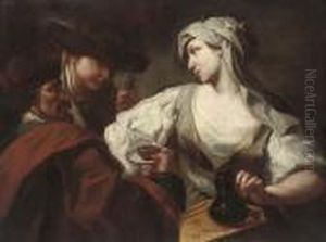 A Woman Serving Two Men Chocolate