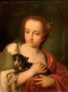 A Young Woman In A Green Dress And A Red Wrap, With A Dog In Her Arms by Giovanni Battista Piazzetta