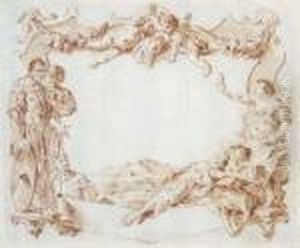 Design For A Cartouche With
Putti Holding A Trophy Above Two Soldiers Spying On Two Reclining Women,
A Landscape Beyond by Giovanni Battista Piazzetta