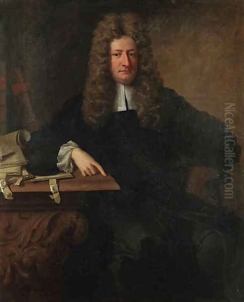 Portrait of Sir John Holt (1642-1710), Lord Chief Justice of the King's bench, seated three-quarter-length, in a black coat, resting his arm on table - view 1