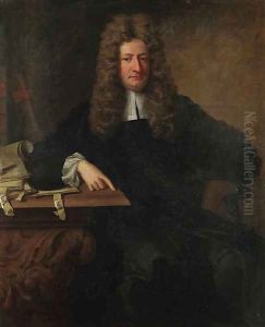 Portrait of Sir John Holt (1642-1710), Lord Chief Justice of the King's bench, seated three-quarter-length, in a black coat, resting his arm on table