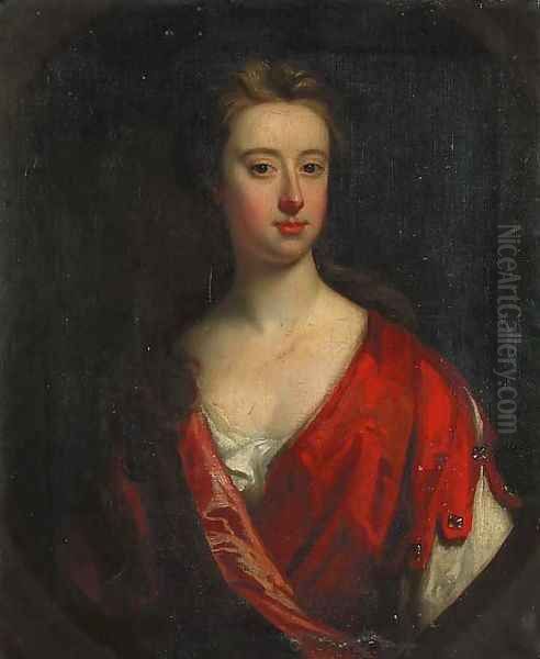 Portrait of a lady of the Barrington family, half-length, in a red dress, feigned oval - view 1