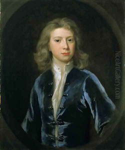 Portrait of a young man, identified as Jonathan Richardson, Jnr., half-length in a blue jacket by Jonathan Richardson