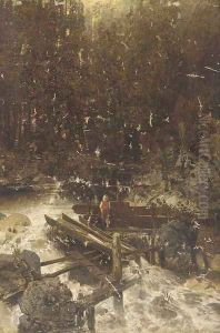 Children playing by a torrent by Robert Russ