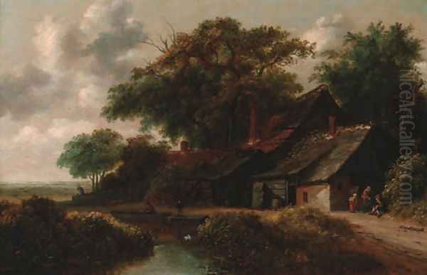Peasants resting before a riverside cottage - view 1
