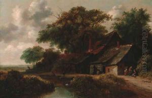 Peasants resting before a riverside cottage by Gillis Rombouts