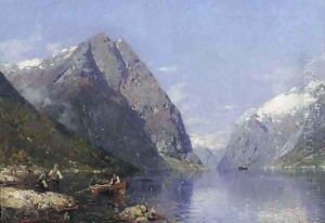 A Norwegian fjord in summer, with children fishing in the foreground by Georg Anton Rasmussen