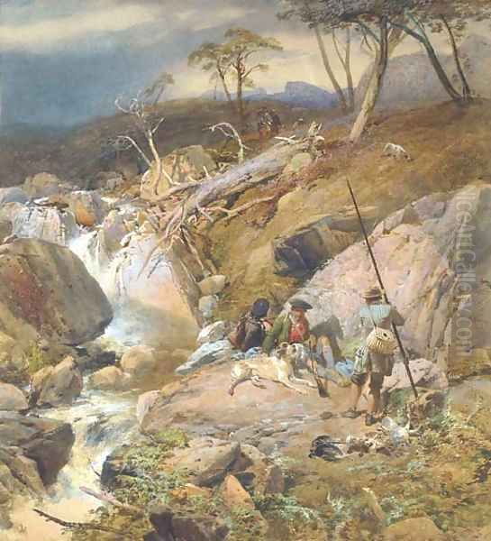 A Highland burn with an angler conversing with two gillies other sportsmen can be seen approaching from the distance - view 1