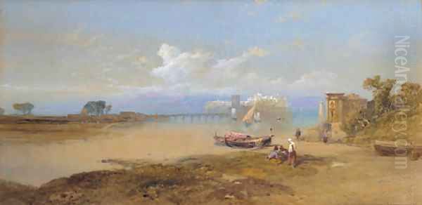 Figures at the edge of a lake in Italy - view 1
