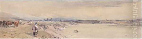 Herding cattle by a river - view 1