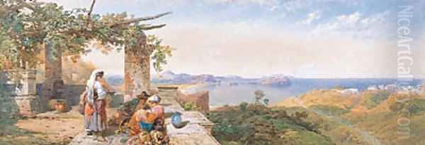 Figures in Neopolitan dress on a Terrace overlooking the Bay of Naples from above Pozzuoli with Nisido and Capri beyond - view 1