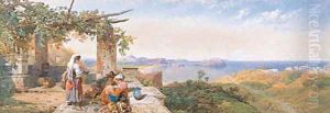 Figures in Neopolitan dress on a Terrace overlooking the Bay of Naples from above Pozzuoli with Nisido and Capri beyond by Thomas Miles Richardson, Jnr.