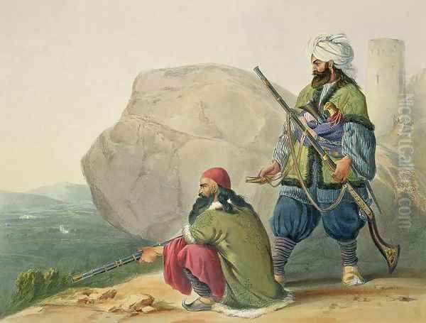 Afghaun Foot Soldiers in their Winter Dress, with Entrance to the Valley of Urgundeh, plate 11 from Scenery, Inhabitants and Costumes of Afghanistan, engraved by Robert Carrick c.1829-1904 1848 - view 1