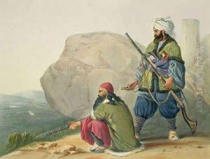 Afghaun Foot Soldiers in their Winter Dress, with Entrance to the Valley of Urgundeh, plate 11 from Scenery, Inhabitants and Costumes of Afghanistan, engraved by Robert Carrick c.1829-1904 1848 Afghaun Foot Soldiers in their Winter Dress, with Entrance to the Valley of Urgundeh, plate 11 from Scenery, Inhabitants and Costumes of Afghanistan, engraved by Robert Carrick c.1829-1904 1848