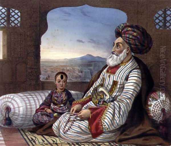 Dost Mahommed 1793-1863 King of Caubul and his Youngest Son, plate 2 from Scenery, Inhabitants and Costumes of Afghanistan, engraved by E. Walker, 1848 - view 1