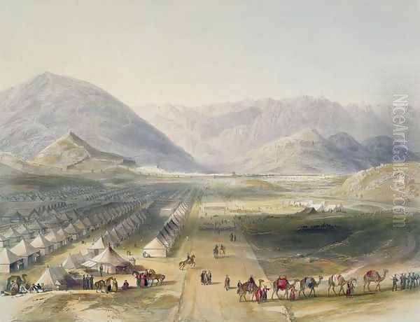 Encampment of the Kandahar Army under General Nott, outside the walls of Caubul, on the evacuation of Afghanistan by the British, plate 5 from Scenery, Inhabitants and Costumes of Afghanistan, engraved by R. Carrick c.1829-1904, 1848 - view 1