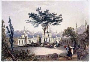 Mosque of Goolaum Hoossein Huzrut-Jee, the Great Prophet of the Afghauns, and the Tombs of the Kings at Kandahar, plate 30 from Scenery, Inhabitants and Costumes of Afghanistan, engraved by R. Carrick c.1829-1904, 1848 Mosque of Goolaum Hoossein Huzrut-Jee, the Great Prophet of the Afghauns, and the Tombs of the Kings at Kandahar, plate 30 from Scenery, Inhabitants and Costumes of Afghanistan, engraved by R. Carrick c.1829-1904, 1848